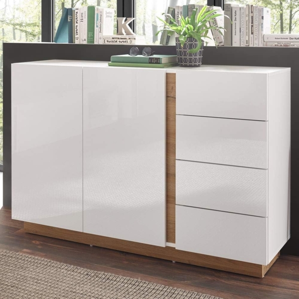 Anrichte mit 2 Türen und 4 Schubkästen CELLE-61 in weiß Glanz und Grandson Oak B/H/T ca. 138/91/40 cm Bild 2