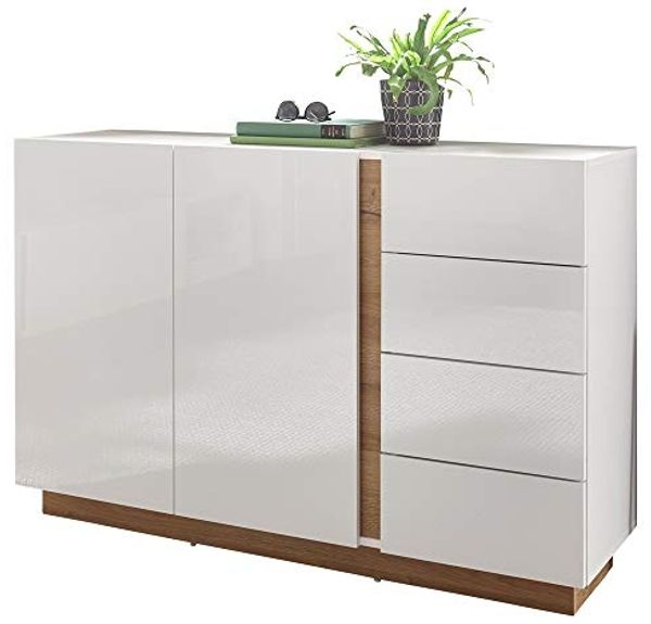 Anrichte mit 2 Türen und 4 Schubkästen CELLE-61 in weiß Glanz und Grandson Oak B/H/T ca. 138/91/40 cm