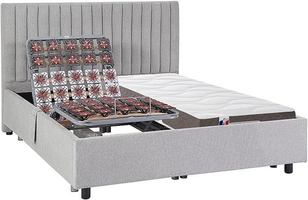 Vente-unique - Dekoratives Bett mit elektrischer Relaxfunktion mit Tellern + 3-Zonen-Matratze aus 100 % Latex - 2 x 70 x 190 cm - Stoff - Grau - TIARI von YSMÉE
