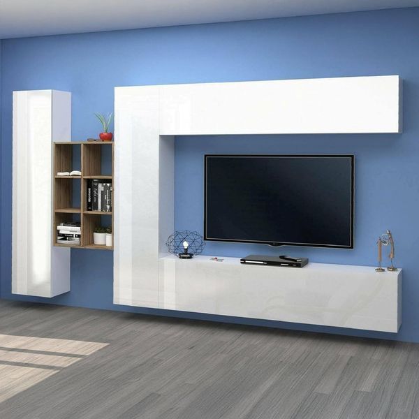 Dmora - Ausgestattete Wand Danilo, 4-türiges TV-Ständer-Wohnzimmerset, Mehrzweck-Wohnzimmermöbel, 100% Made in Italy, 280 x 30 x 180 cm, glänzendes Weiß und Ahorn,