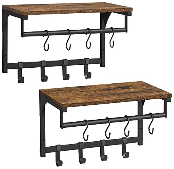 Vasagle Wandgarderobe 2er Set, Garderobe mit Ablage, Kleiderhaken, Kleiderstange Wand, Wandregal, je 8 abnehmbare Haken, für Flur, Waschküche, Industrie-Design, vintagebraun-schwarz RCL123B01 vn Songmics
