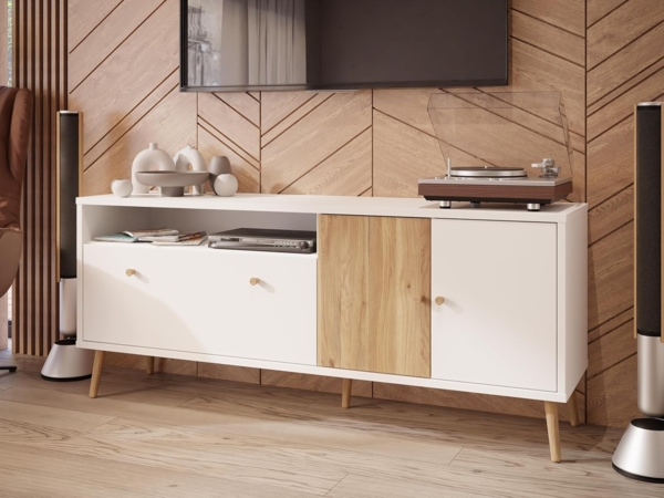 Forte Harllson, einfache Montage Dank EasyKlix TV Schrank Weiß mit Holzdekor: Mauvella Eiche, TV Tisch mit 2 Türen, Mid Century Stil, 160 cm breit x 67 cm hoch x 41 cm tief