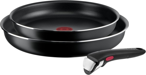 Tefal Ingenio Easy On 3-tlg. Kochgeschirr-Set, 2x Pfannen (24, 28 cm), 1x abnehmbarer Griff, kompakt, stapelbar, Antihaftbeschichtung, Thermo-Signal Temperaturanzeiger, Schwarz, L1599302