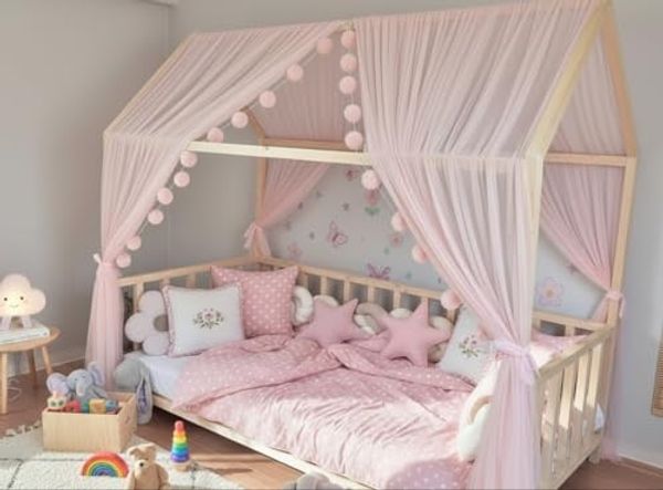 Baby Fancyroom Betthimmel Betthimmel Tüll Hausbett Kinderbett 2 Stück 340cm 380cm Montessori (3-tlg. Set mit 2 Stück Betthimmel und einer 20er Pomponkette, Baldachin, Kinder Betthimmel Baldachin Himmel Deko Set), Betthimmel für Hausbett Montessori