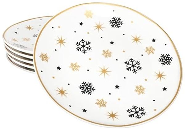 MamboCat Frühstücksteller 6x Stars schwarz & gold Kuchenteller Steingut 6 Pers. Dessertteller, Weihnachtsgeschirr, Weihnachten, Weihnachtsset, Geschirr