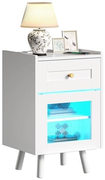 YITAHOME Nachttisch mit 7-Farbiger LED-Lichtleiste, Nachttischschrank mit Schublade und verstellbarem Regal, schwarzer Aufbewahrungs-Beistelltisch für Schlafzimmer, Wohnzimmer, 40 x 35 x 62 cm, Weiß