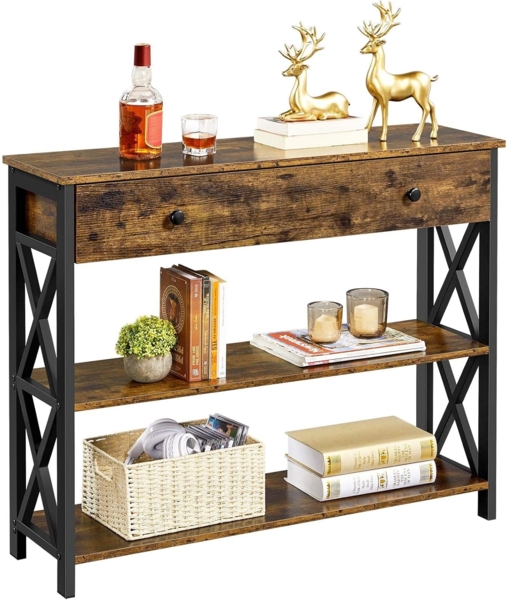 Yaheetech Konsolentisch Flurtisch mit 1 Schublade und 2 Offenen Ablagefächern Eingangtisch 3-Stufig Sideboard X-förmiger Rahmen Beistelltisch Sofatisch für Wohnzimmer/Eingangsbereich, 100 x 30 x 80 cm