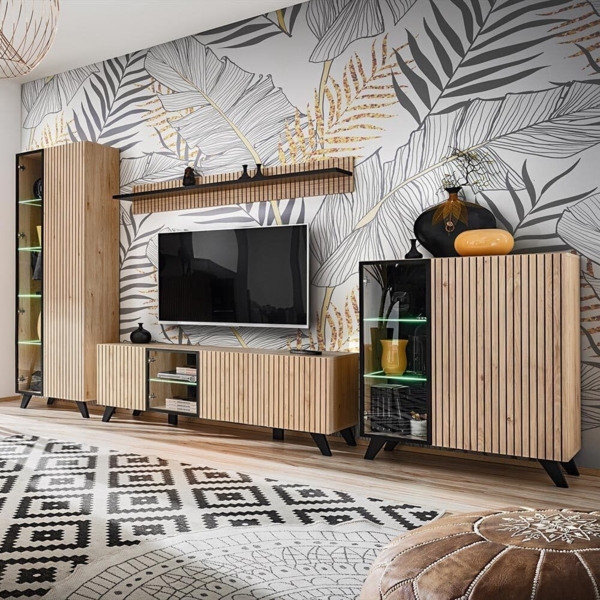 Lomadox Wohnwand LATERZA-164, (4-St, Vitrine Wandboard Lowboard Highboard), Schrankwand, Kastanie / Hickory Jackson, inkl. Beleuchtung