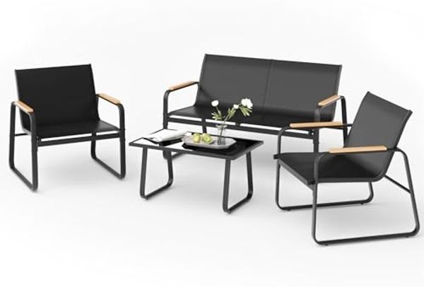 Mondeer Balkonset Gartenmöbel Set 4-tlg, (1 Tisch mit 1 Doppelstuhl 2 Einzelstühlen), Mesh-Gewebe & Holz-Kunststoff-Armlehnen, Schwarz