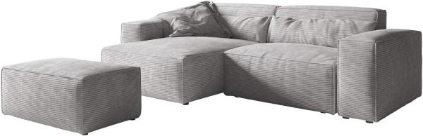 Ecksofa Sirpio XL 270x170 cm Cord Silbergrau Recamiere variabel mit Hocker