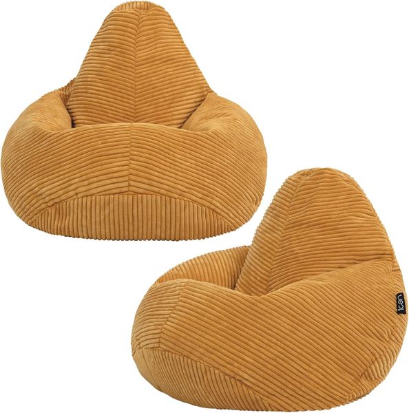 Icon Dalton Sitzsack Kinder, Gelb, 2er Pack, Flauschiger Cord Stoff, Sitzsack Cord mit Füllung, Bequemer Kinder Gaming Sessel, Kuschelsessel, Lese Sessel, Schlafzimmer, Kinderzimmer, Spielzimmer