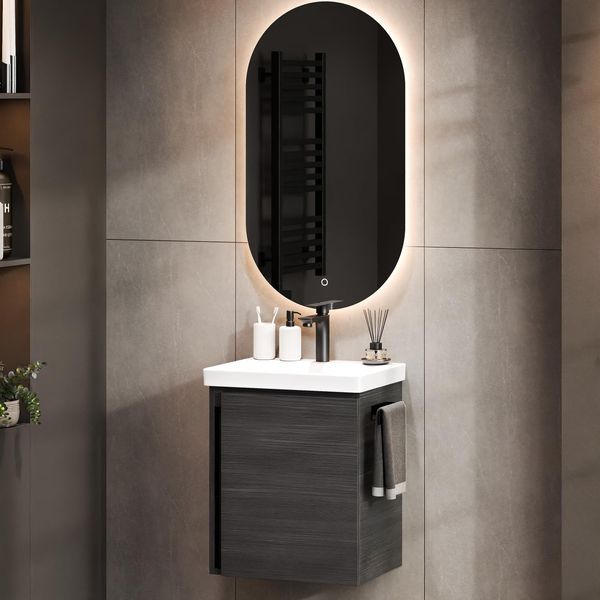 Planetmöbel Waschtischunterschrank in Anthrazit 50cm mit Waschbecken & Spiegel, Badmöbel Set für Badezimmer Gäste WC