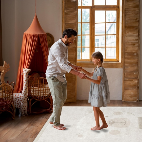 Teppich Kinderzimmer Läufer - 80x150cm - Pastell Beige Creme - Kurzflor Spielteppich mit niedlichem Bär Motiv