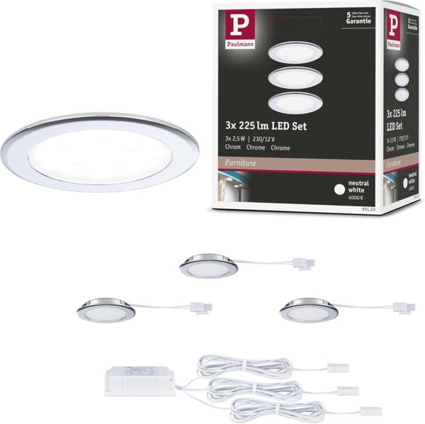 Paulmann 93123 LED Möbeleinbauleuchten 3er Set 4000K Chrom