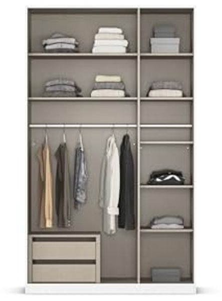 Rauch Möbel Alabama, Kleiderschrank, Garderobe, 3-türig, Spiegel, Zubehör Premium, 2 Kleiderstangen, 7 Einlegeböden, Schubladeneinsatz, Farbe Weiß/Eiche Artisan, Griff Grau metallic, 136 x 229 x 54 cm Bild 6