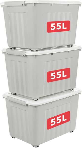 Cetomo,55L,3er-Pack, Aufbewahrungsbox mit deckel,Aufbewahrungsboxen, mit Clips, stapelbar, Wohnzimmer, Schlafzimmer. lebensmittelecht ,Verschlussclips,Neumaterial Plastik-Box grau