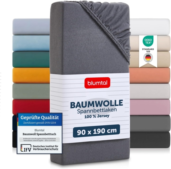 Blumtal® Basics Jersey Spannbettlaken 90x190 cm - Oeko-TEX Zertifiziert, 100% Baumwolle Bettlaken, bis 20cm Matratzenhöhe, Grau