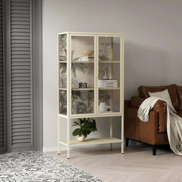 Dmora Vetrina Avocado, Credenza espositiva, Vetrinetta multiuso, Madia da soggiorno, 80x35 h160 cm, Panna