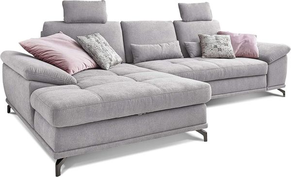 Cavadore L-Form-Sofa Castiel mit Federkern / Großes Schlafsofa in L-Form mit Bettkasten, Sitztiefenverstellung, Kopfstützen und XL-Longchair / 312 x 114 x 173 / Webstoff, Hellgrau