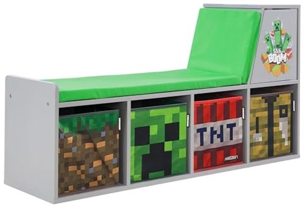 MINECRAFT - Sitzbank, Leseregal, Bank mit Sitzkissen und Stauraum, Kindermöbel mit buntem Design