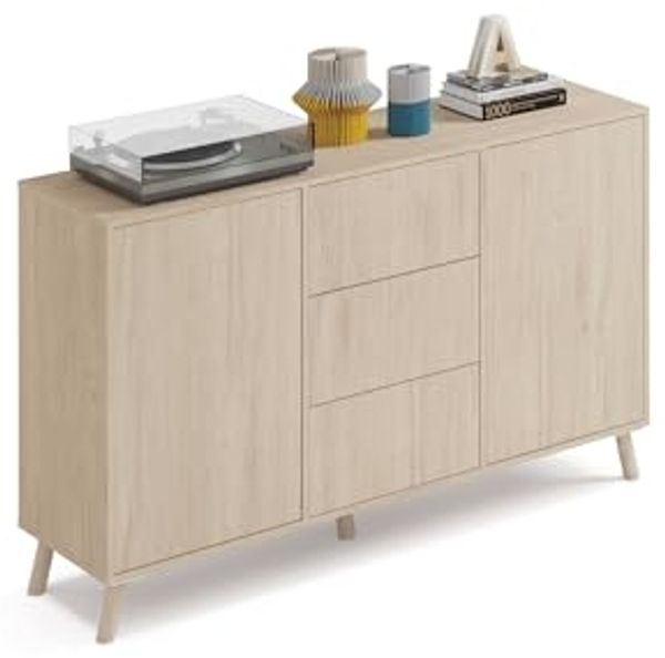 Muebles Pitarch | Sideboard für Wohn- und Esszimmer, Buffet, Beistellschrank, 2 Türen und 3 Schubladen, Eiche , 89 x 140 x 40 cm, Speisekammer, Küche, Druckverschluss oder Push-Pull, Modern, Nordisch
