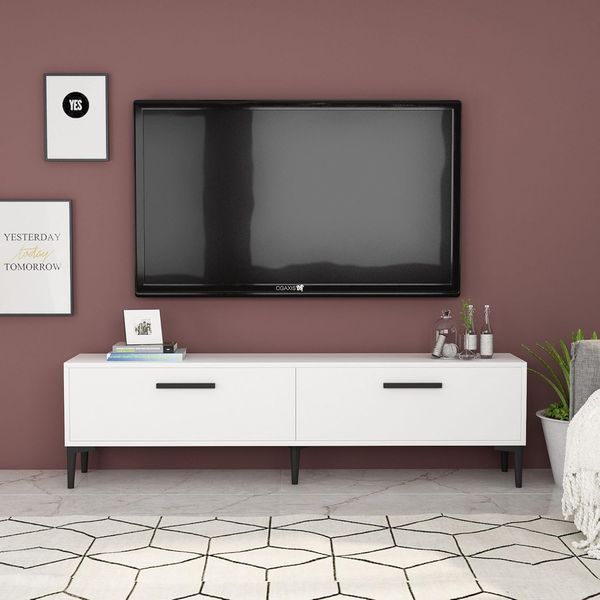 Hanah Home Modern White TV Stand, 150 cm | 100% Melamine Coated Particle Board, 18 mm Thick | Wall-Mountable, Elegant Design for Living Room & Entertainment Spaces