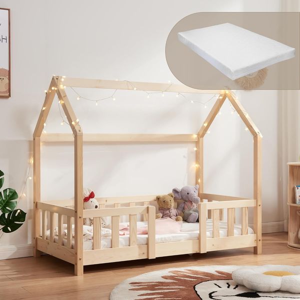 Encasa Hausbett 70x140 cm natur, mit Komfort-Matratze und Rausfallschutz