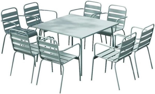 Vente-unique - Garten-Essgruppe: Tisch L. 120 cm + 8 stapelbare Sessel - Metall - Mandelgrün - MIRMANDE von MYLIA
