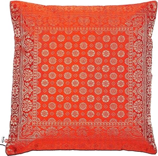Handgewebter indischer Banarasi Seide Deko-Kissenbezug in Orange - 40 cm x 40 cm