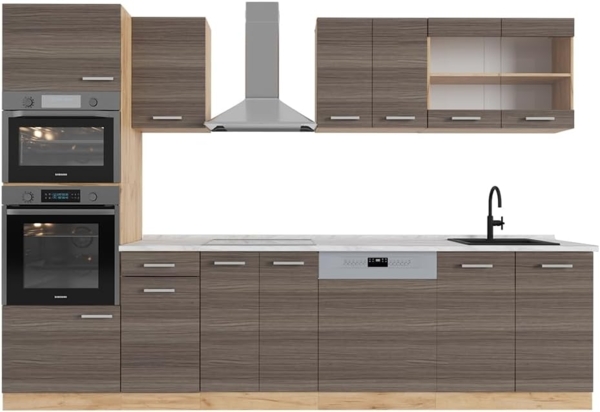 Küchenzeile R-Line Edelgrau/Goldkraft Eiche 300 cm mit Hochschrank, AP Marmor Vicco