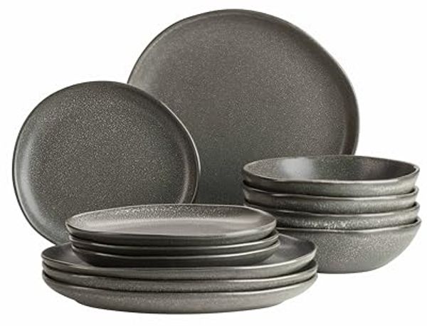 Modernes Vintage Geschirr-Set für 4 Personen, 12-teiliges Tellerset mit edel glänzender, grauer Glasur mit weißen Sprenkeln, Steinzeug, grau