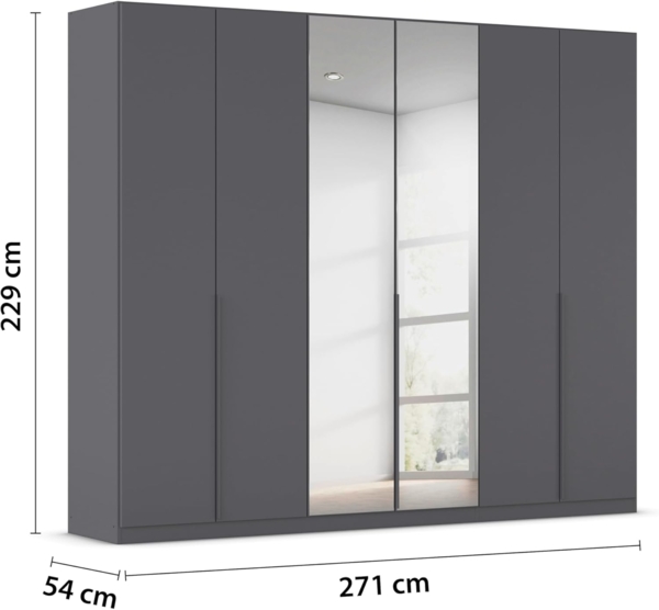 Rauch Möbel Alabama, Kleiderschrank, Garderobe, 6-türig, Spiegel, Zubehör Premium, 3 Kleiderstangen, 9 Einlegeböden, Schubladeneinsatz, Farbe Grau metallic, Schwarz, Griff Grau metallic, 271 x 229 x 54 cm Bild 3