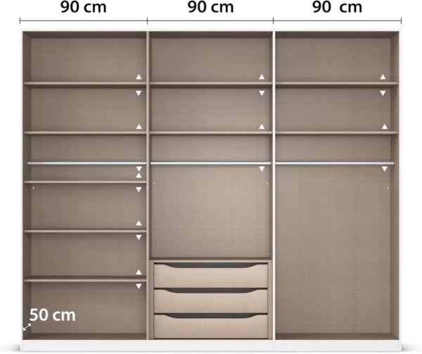 Rauch Möbel Alabama, Kleiderschrank, Garderobe, 6-türig, Spiegel, Zubehör Premium, 3 Kleiderstangen, 9 Einlegeböden, Schubladeneinsatz, Farbe Grau metallic, Schwarz, Griff Grau metallic, 271 x 229 x 54 cm Bild 8