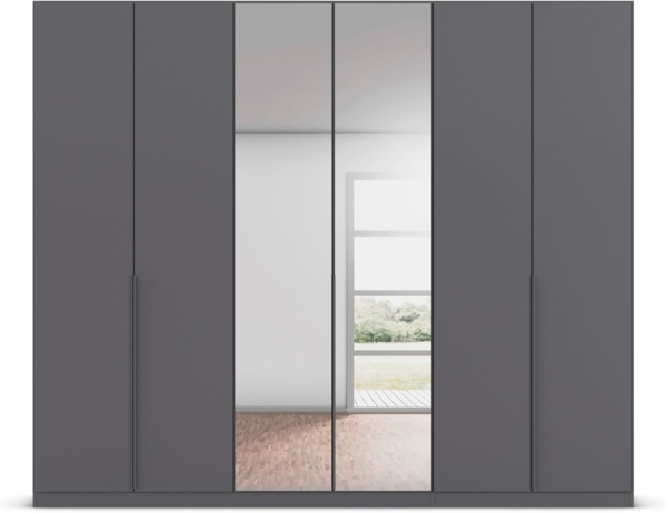 Rauch Möbel Alabama, Kleiderschrank, Garderobe, 6-türig, Spiegel, Zubehör Premium, 3 Kleiderstangen, 9 Einlegeböden, Schubladeneinsatz, Farbe Grau metallic, Schwarz, Griff Grau metallic, 271 x 229 x 54 cm Bild 6