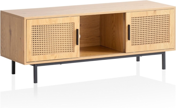 FineBuy Lowboard Eiche-Dekor mit Wiener Geflecht 120x45,5x40 cm TV-Kommode Zeitlos mit Schiebe-Türen, Design TV-Schrank Hoch, Fernsehtisch Fernsehschrank, Fernsehkommode Wohnzimmer Rattan Braun