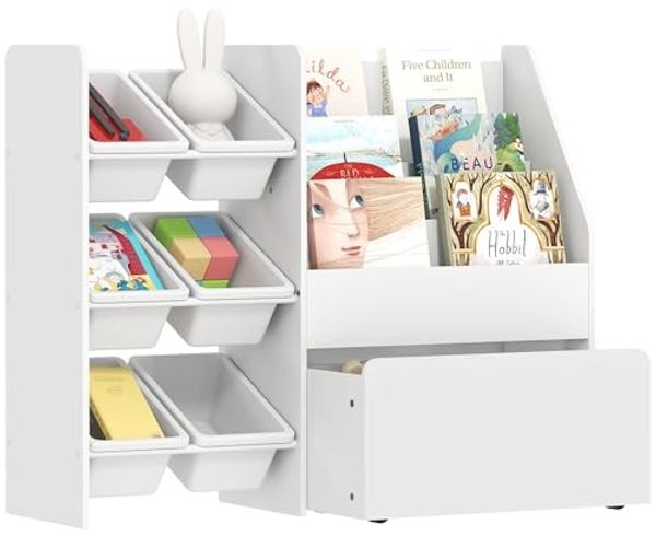 AIYAPLAY Spielzeugtruhe mit 6 herausnehmbaren Aufbewahrungsboxen, Bücherablage, rollbarer Box (Kinderregal, 1 St, Kinder-Bücherregal), mit Rädern, für Kinderzimmer, Spielzimmer, 100x30x80 cm, Weiß