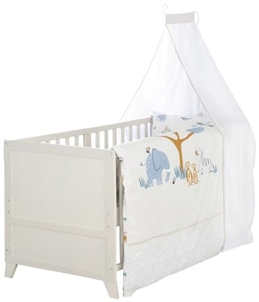roba Komplettbettset Savanna Friends - Babybett 70x140 cm aus Holz inkl. Matratze, Bettwäsche, Himmel & Himmelstange - Mitwachsend ab 6 Monate - Naturgrau