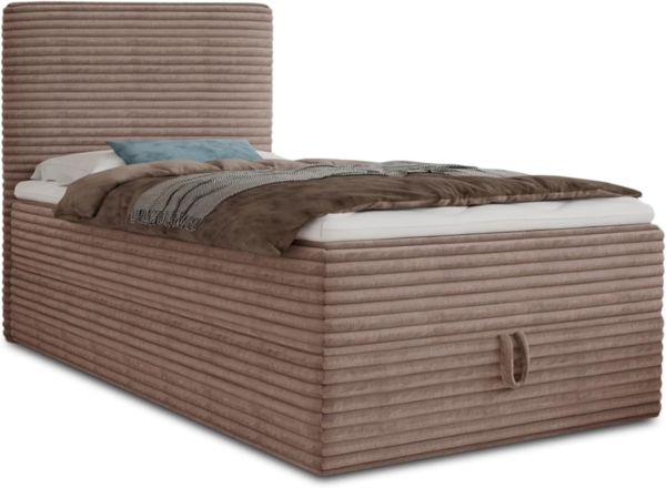 Boxspringbett Mollo Mini mit Bettkasten und Matratzentopper - Einzelbett mit Bonell-Matratze und Topper, Polsterbett in weichem Cordstoff, Bett, Schlafzimmer (Braun (Tilia 17), 80 x 200 cm)