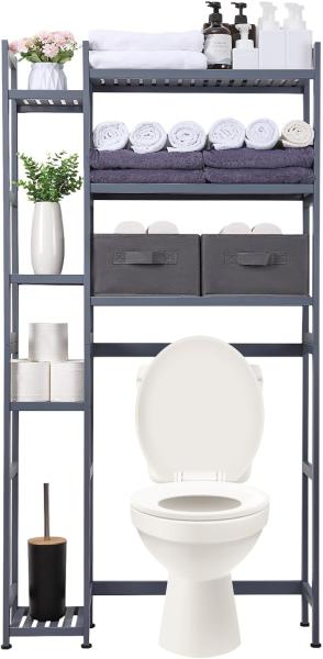 Yorbay Badregal Toilettenregal aus Bambus, Weiß WC Regal Badregal 79x23,3x166 cm, mit 2 Körben, mi 7 Ablagen, Multifunktional, Badezimmerregal, Verstellbar Badregal