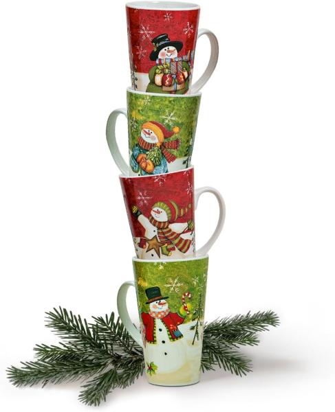 matches21 HOME & HOBBY Tasse Grosse XXL Weihnachtstassen 4er Set Schneemänner amerikanisch, Keramik, Tee Kaffee-Becher, modern Vintage, rot grün bunt, 500 ml