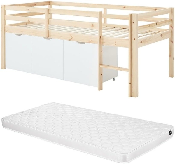 Vente-unique - Halbhohes Bett 90x190 cm – Mit Stauraum + Matratze – Kiefer & MDF – Natur/Weiß – LANIORI Bild 1
