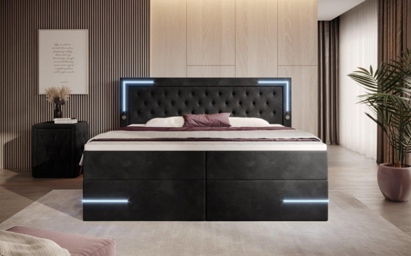 Boxspringbett Carlotta mit LED, Stauraum und USB (Samt) 180x200 Schwarz H2 (bis 70kg) Bild 3