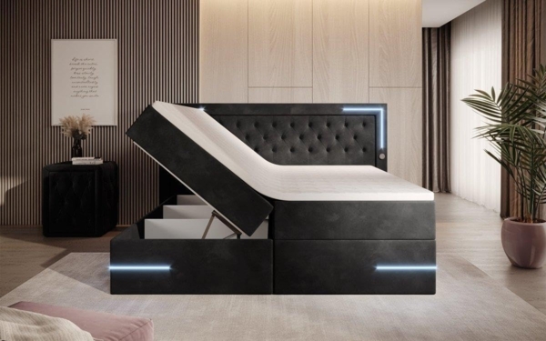 Boxspringbett Carlotta mit LED, Stauraum und USB (Samt) 180x200 Schwarz H2 (bis 70kg) Bild 4