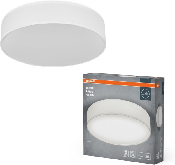 Osram ORBIS PARIS Deckenleuchte 480mm, weiß, 3XE27-Sockel, kann mit smarter Lampe bestückt werden, hochwertiges, modernes Design, mit Stoffschirm, geeignet für Innenräume, rund, IP20 Schutzklasse
