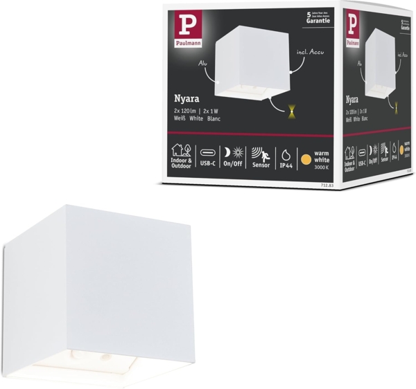 Paulmann 71283 LED Akku Wandleuchte Nyara eckig IP44 3000K weiß Bewegungsmelder