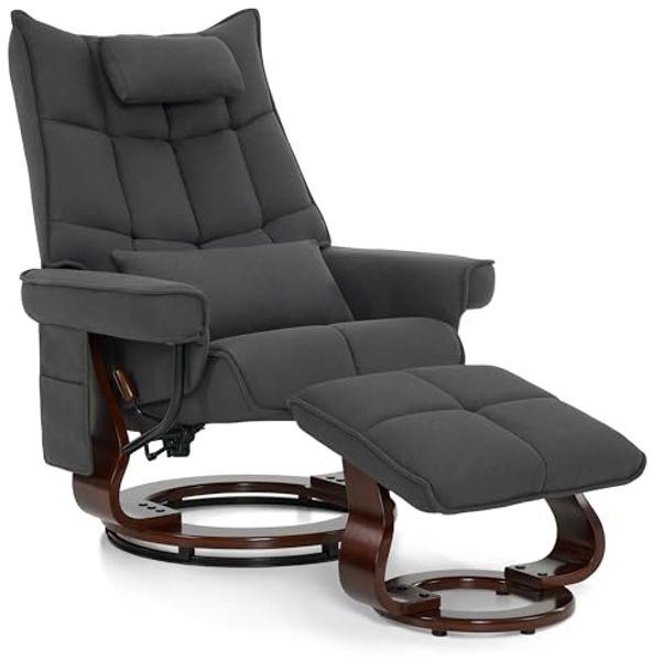 M MCombo Relaxsessel mit Hocker, Drehbare Fernsehsessel mit Liegefunktion, Moderner TV-Sessel Stuhl für Wohnzimmer, mit Kissen & Seitentasche, Mikrofaser-Stoff, 9076 (Dunkelgrau)