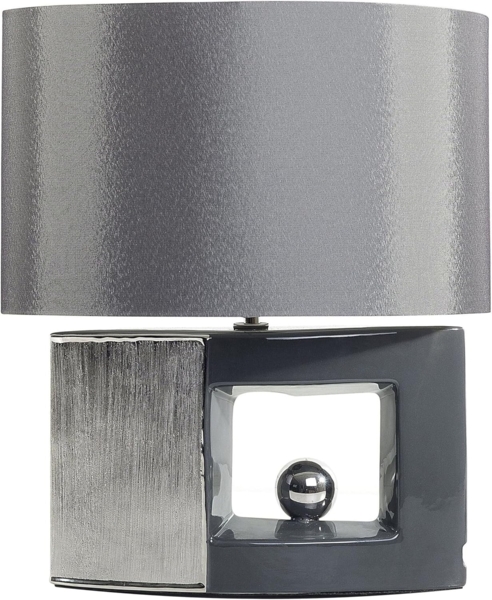 'Duero' Tischlampe Grau und Silber Porzellanfuß durchbrochen Stoffschirm langes Kabel mit Schalter Modern Glamourös