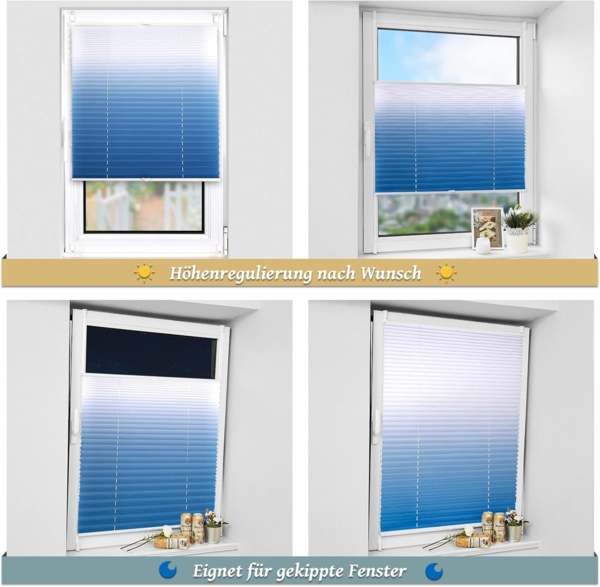 Plissee mit Farbverlauf 100x120 cm(BxH) Blau-Weiß plissees klemmfix ohne Bohen Blickdicht Faltrollo Lichtdurchlässig Rollos für Fenster ohne Bohren Bild 6