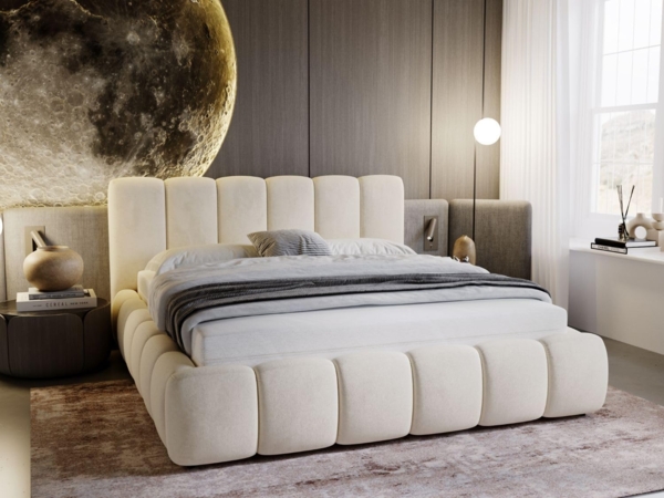GrainGold Polsterbett mit Bettkästen CLOUD, Modern Bett mit Kopfteil - 140x200 cm, Beige (1x Bett)
