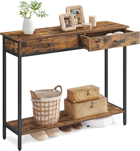Vasagle Konsolentisch, mit 2 Schubladen, Stahlgestell, Industrie-Design, vintagebraun-schwarz, 80 x 30 x 100 cm